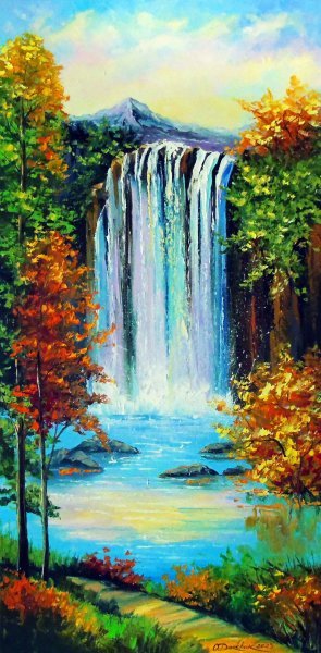 Mountain waterfall by the lake Painting by Olha Darchuk