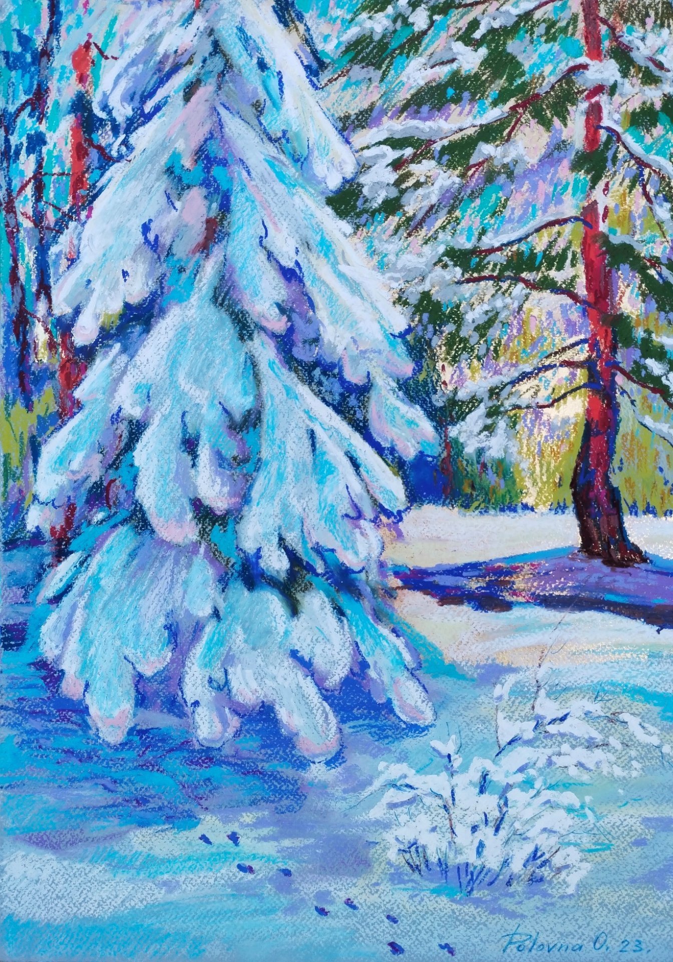 Winter in the forest. Painting by Olena Polovna