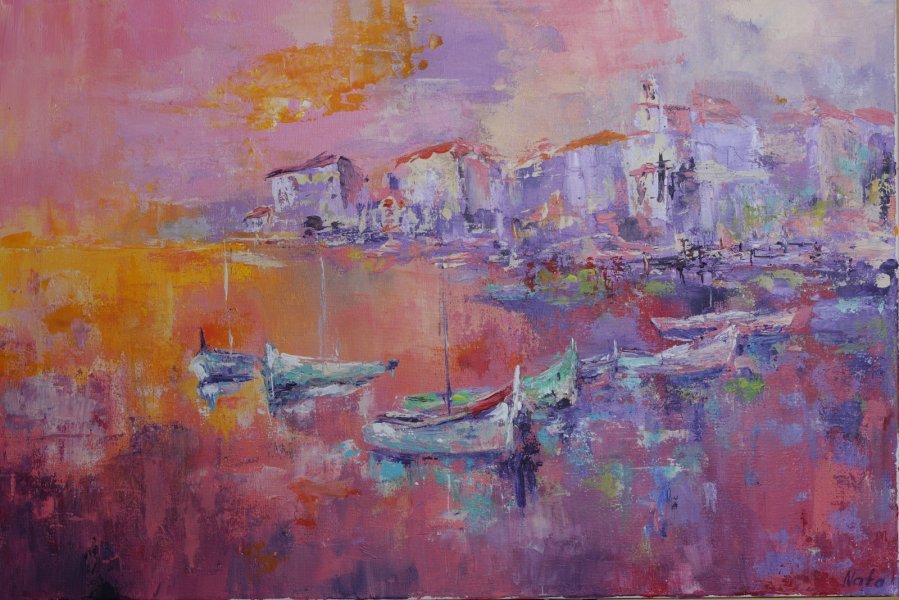 Contemporary Art Marine Art Painting Sunset by painter Nataliia Nausevich acrylic fabric 