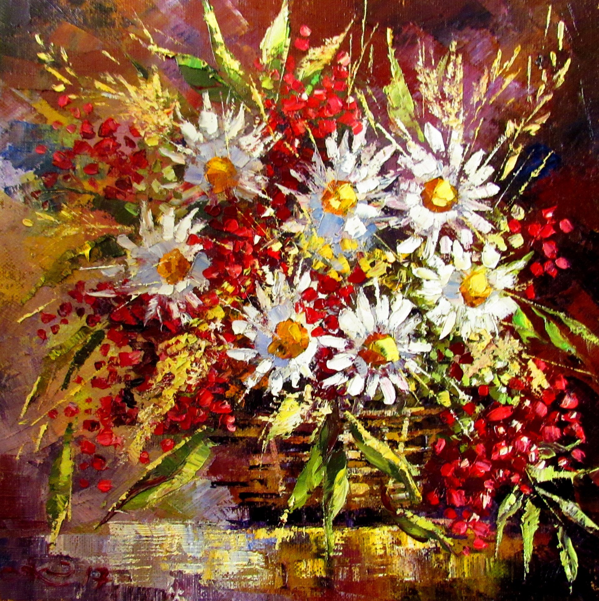Daisies and viburnum Drawing - Anna Kolos - Jose Art Gallery