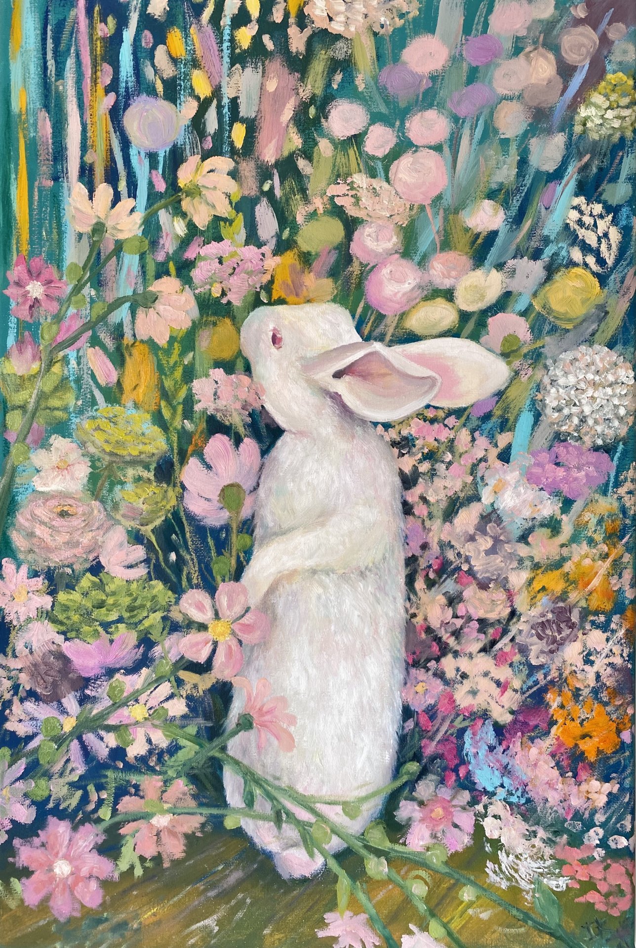 White rabbit in flowers Painting by Inna Kalina