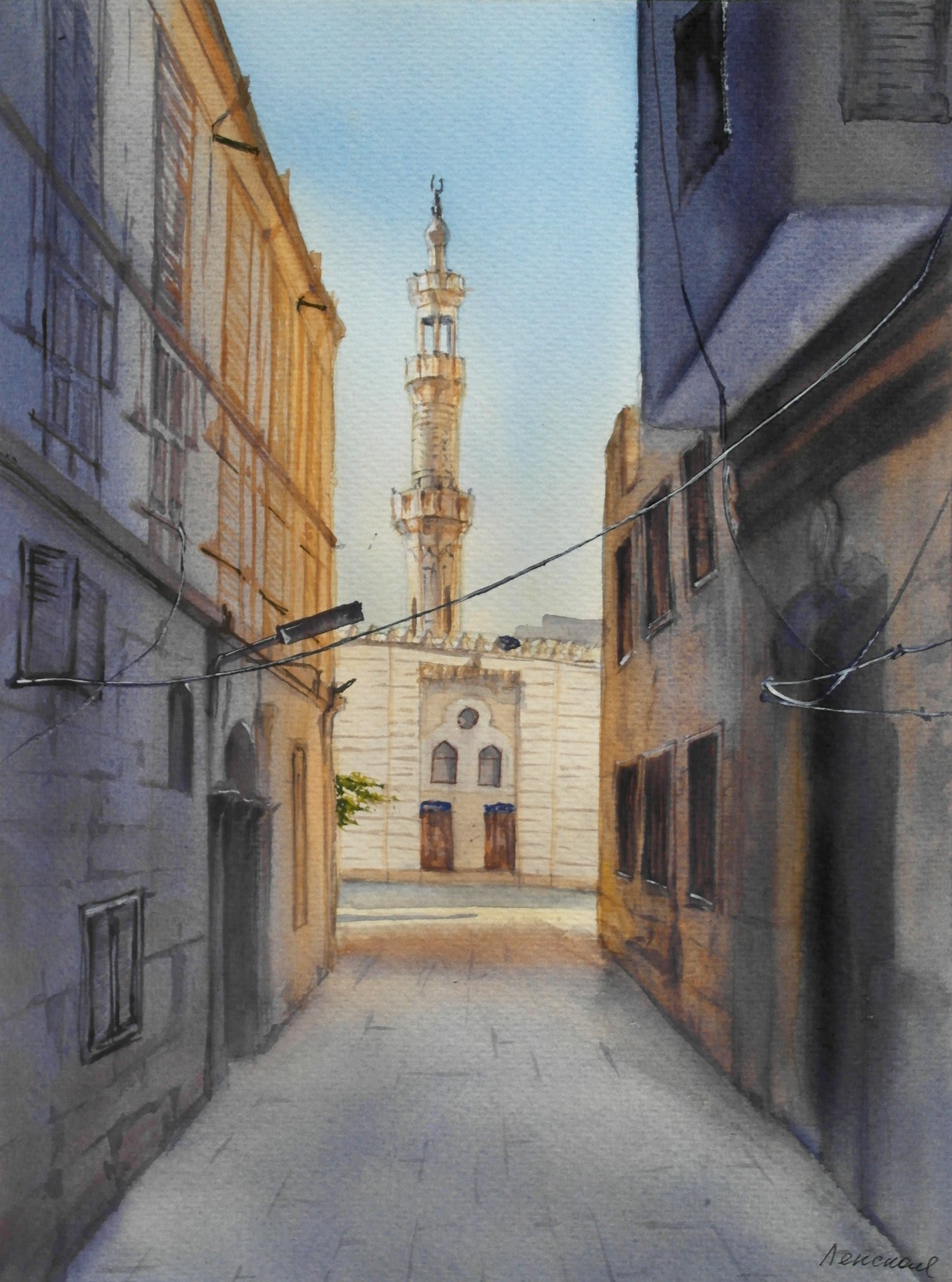 Imam Al Shaf'i Mosque: Historical Watercolour Painting by Galina Lenskaya