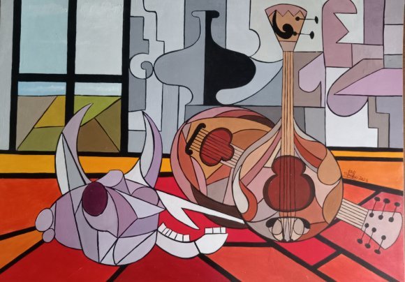 Bucranium with two instruments
