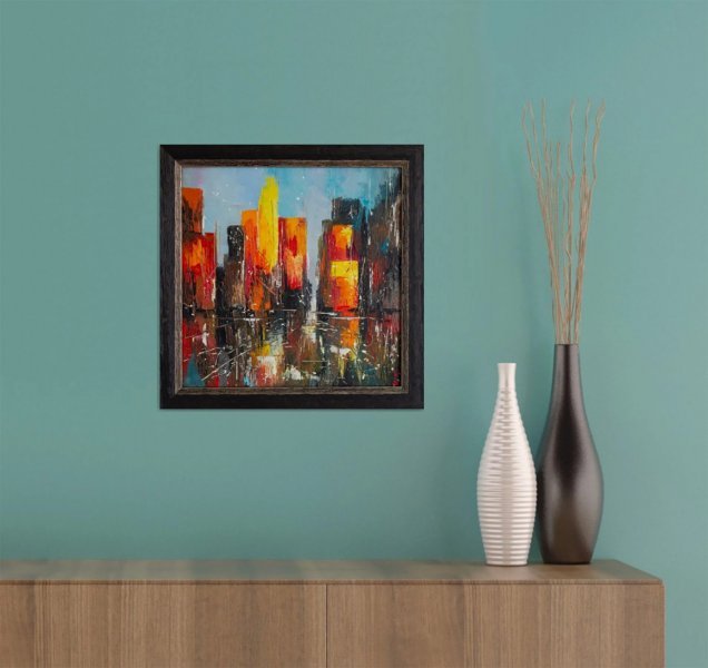 Additional view 3: Abstract Cityscapes Painting HOT DAY IN THE CITY (framed) by painter Liubov Kuptsova oil canvas 