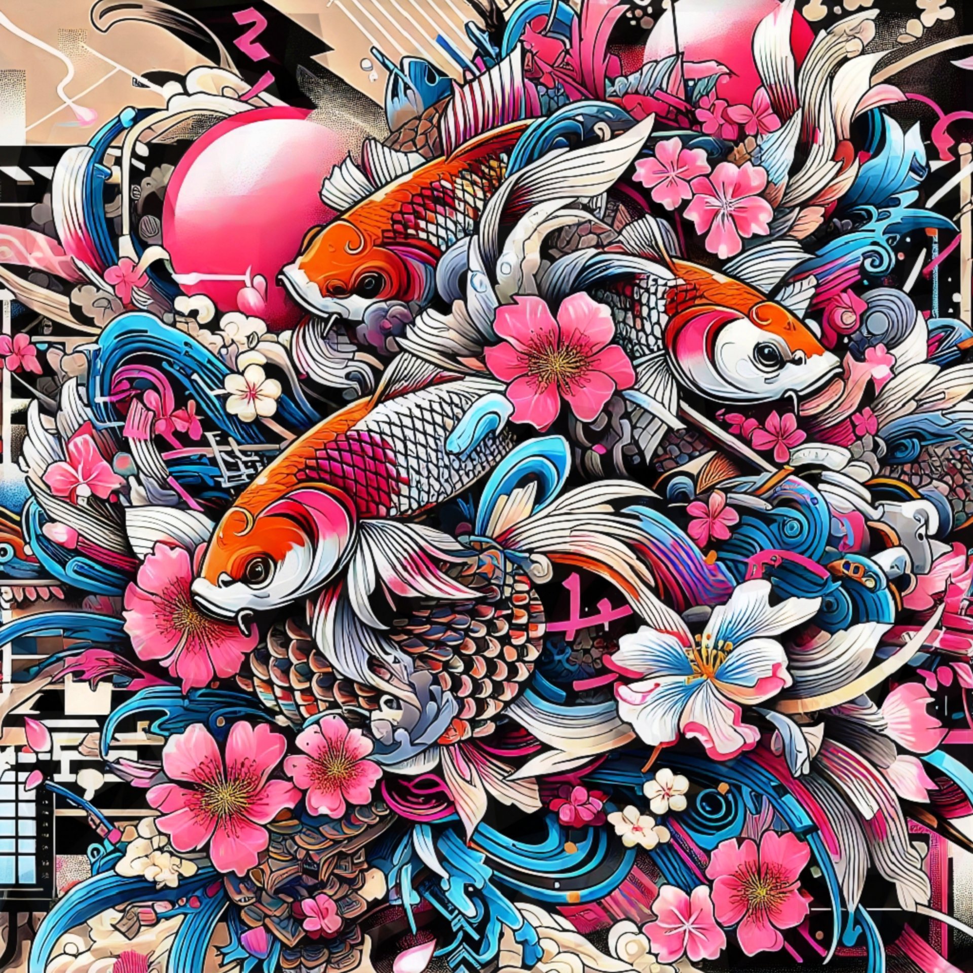 Retro Koi Fish Pattern Art Painting by Dilllip Creator