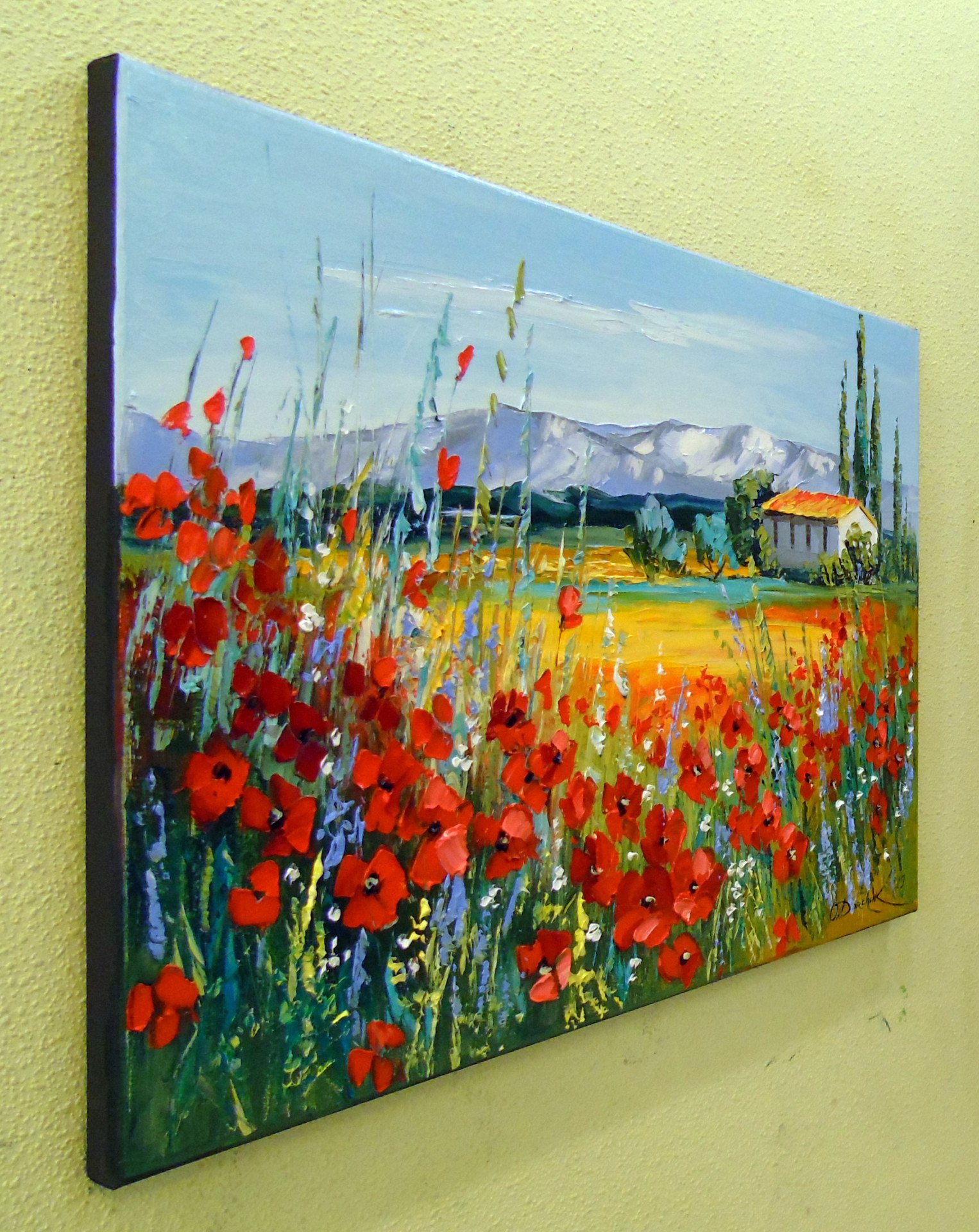 Poppy field near the mountains - painting