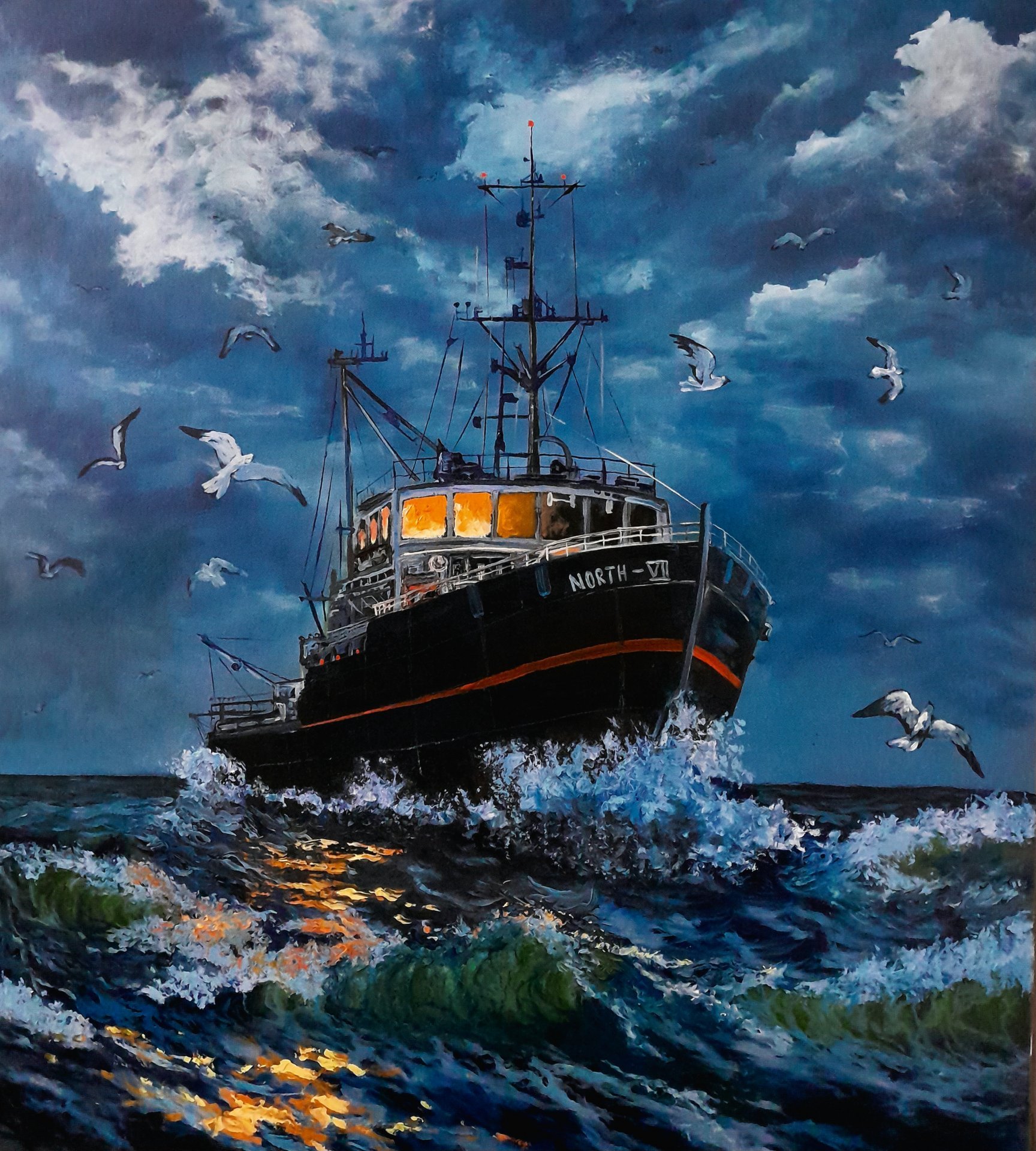油絵　船 marine-art-painting-fishing-