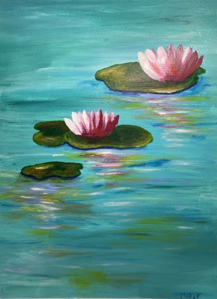 Minimalisme Floral Peinture "Lotus roses dans la rivière" peintre Helha K. acrylique papier 