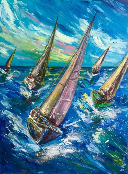 Impressionism Marine Art Painting Under the sail by painter Yuliia Azowska acrylic canvas 