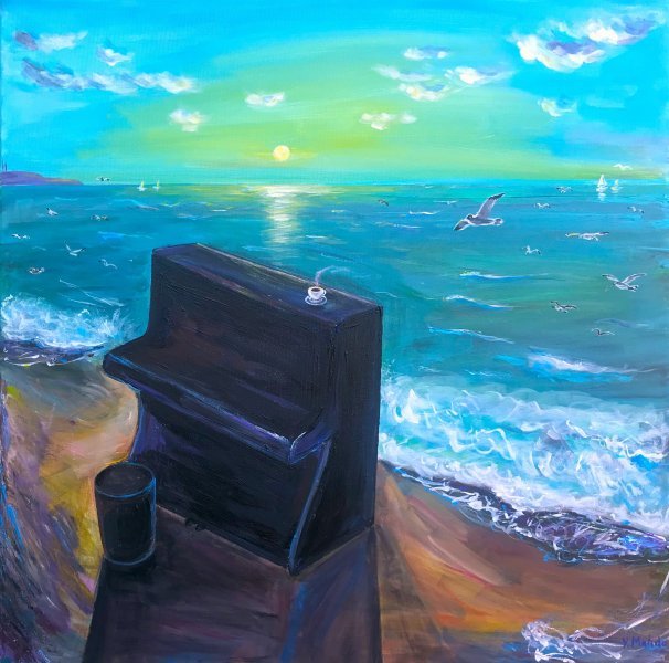 Conceptual Marine Art Painting Music of the sea,wind and home by painter Yuliia Azowska acrylic canvas 