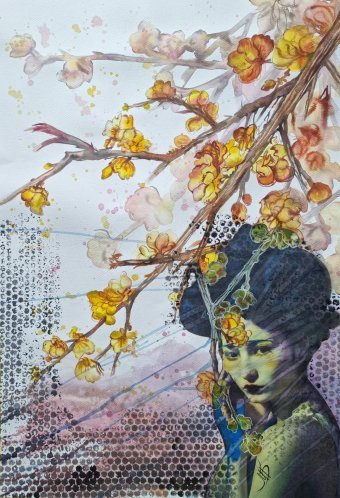 Painting "Watercolor, collage. The face" by painter Marina Bura watercolor paper at Jose Art Gallery