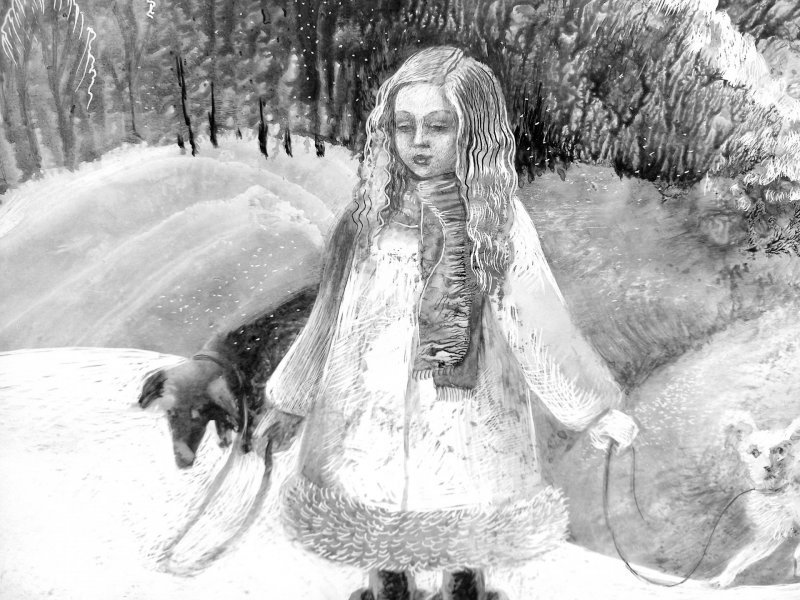 Additional view 2: Fine Art Landscape Drawing Walk with the dogs by illustrator Lana Korolievskaia drawing ink paper 