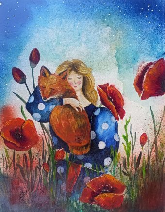 Painting "Hugging A Fox" by painter Evgenia Smirnova watercolor canvas at Jose Art Gallery