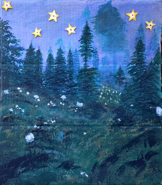 Réalisme Paysage Peinture "Mes traces sont dans la forêt" peintre Olai acrylique carton 