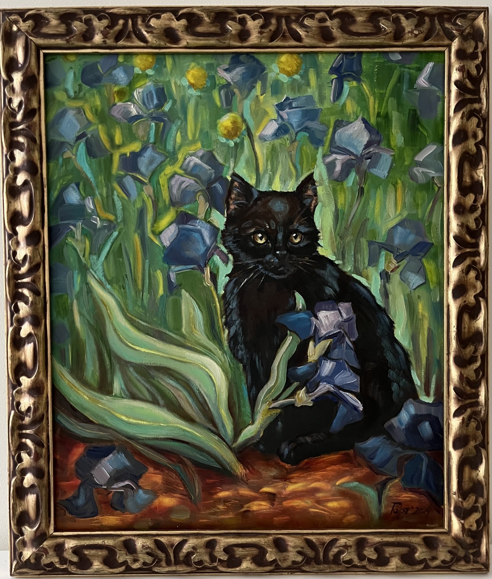 Black cat in flowers Painting by Irina Gartenko