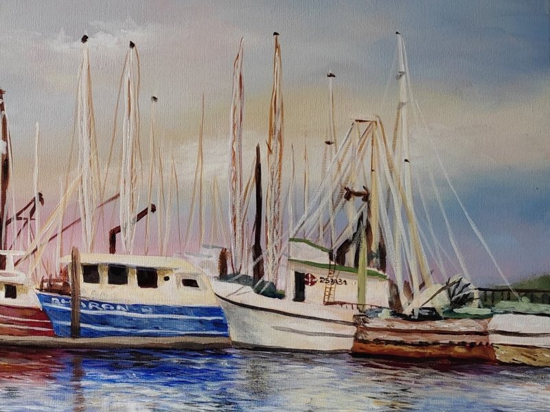 Additional view 1: Realism Marine Art Painting Boats Resting in the Harbor by painter Alex Carvalho acrylic canvas 