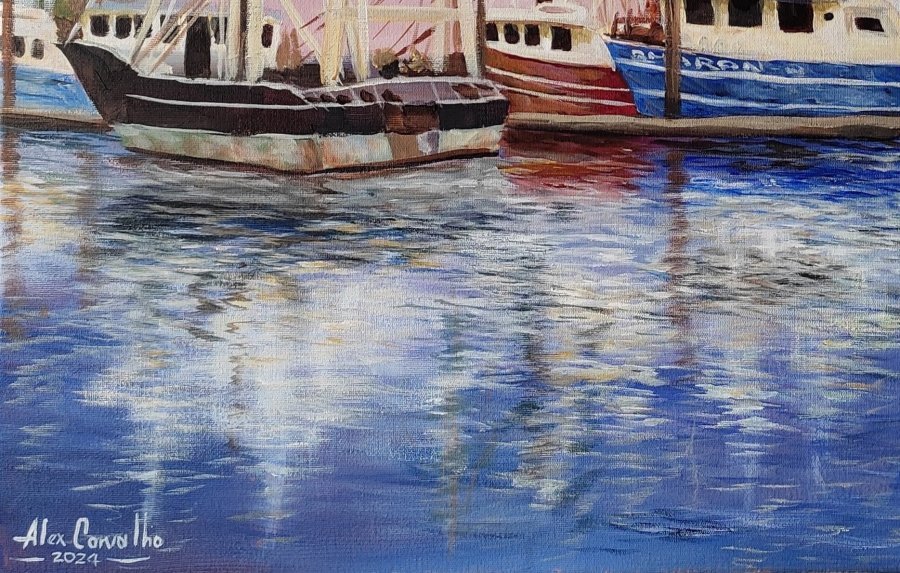 Additional view 2: Realism Marine Art Painting Boats Resting in the Harbor by painter Alex Carvalho acrylic canvas 