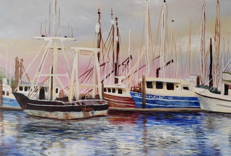 Additional view 3: Realism Marine Art Painting Boats Resting in the Harbor by painter Alex Carvalho acrylic canvas 