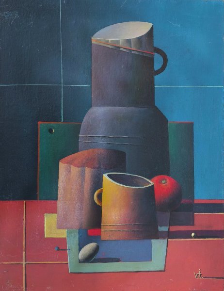 Art Deco Still-Life Painting Yellow mug still life by painter Viktor Ivaniv oil wood 