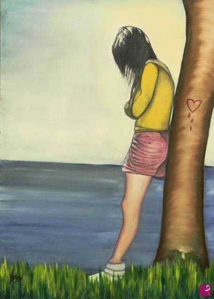 Figurative Marine Art Painting SOLITUDE BY THE SEA by painter APA oil canvas 