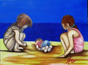 Painting "Aylan's Vigil: Portrait of Humanity" by painter APA oil canvas at Jose Art Gallery