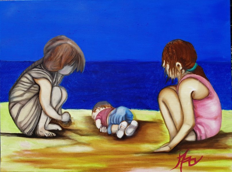 Figurative Marine Art Painting Aylan's Vigil: Portrait of Humanity by painter APA oil canvas 