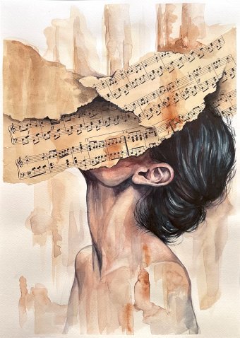 Peinture "Collage de partitions de musique vintage", peintre Julia Shilo technique mixte papier à la Jose Art Gallery