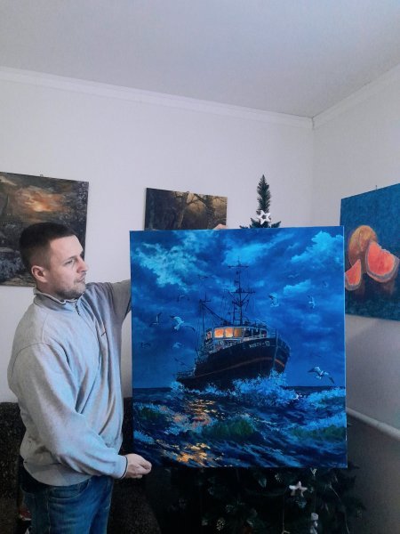 Additional view 7: Impressionism Marine Art Painting Fishing Trawler by painter Anton Zapotochny(Dovzhenko) oil canvas 