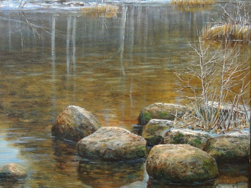 Immagine aggiuntiva 5: Fotorealismo Paesaggio Pittura "Pietre opache: riflessi invernali silenziosi", pittore Oleg Riabchuk olio tela 