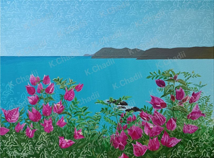 Modern Marine Art Painting Pink flowers of the sea coast by painter Kateryna Chadii acrylic canvas 