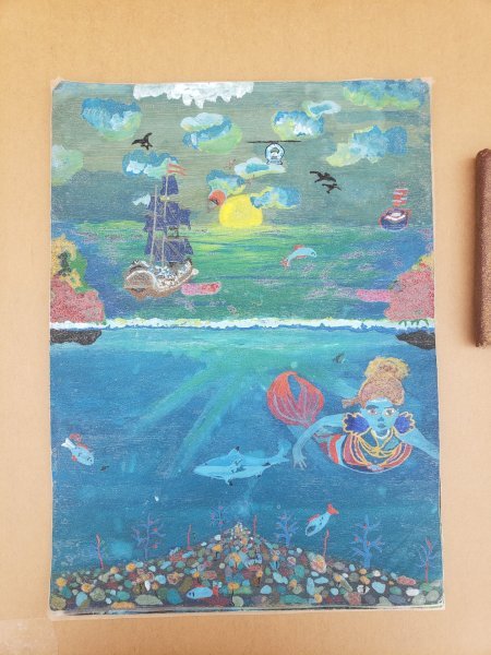 Additional view 2: Figurative Marine Art Painting Caribbean Seas Adventure 2024 by painter Pakmillz watercolor wood 