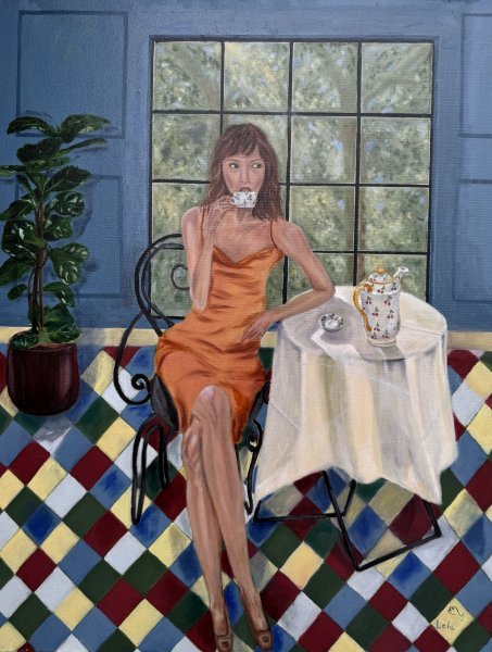 Beaux-arts Intérieur Peinture "Femme parisienne au café" peintre Lela Karamanishvili huile toile 