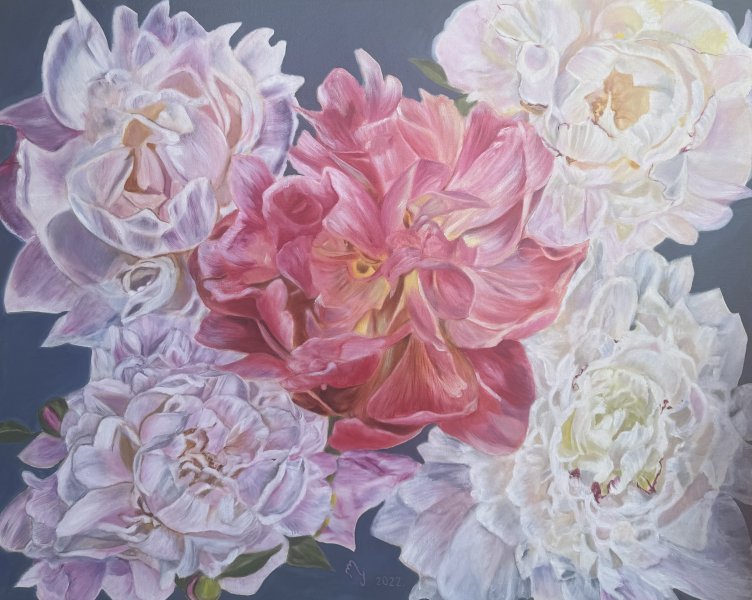 Beaux-arts Floral Graphique "Le mélange de pivoines" illustrateur Lela Karamanishvili huile toile 