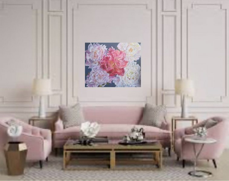 Image supplémentaire 1: Beaux-arts Floral Graphique "Le mélange de pivoines", illustrateur Lela Karamanishvili huile toile 