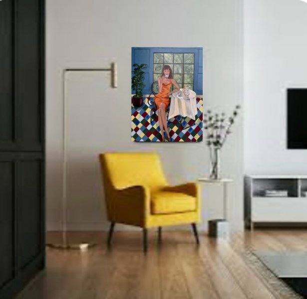 Image supplémentaire 1: Beaux-arts Intérieur Peinture "Femme parisienne au café", peintre Lela Karamanishvili huile toile 