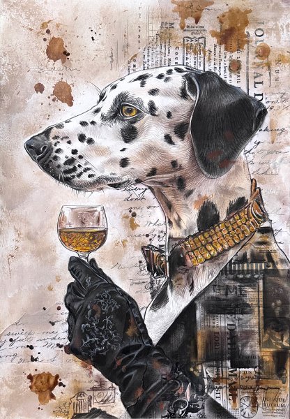 Street Art Portrait Drawing Dalmatian Dog Vintage Collage by illustrator Julia Shilo mixed method paper 