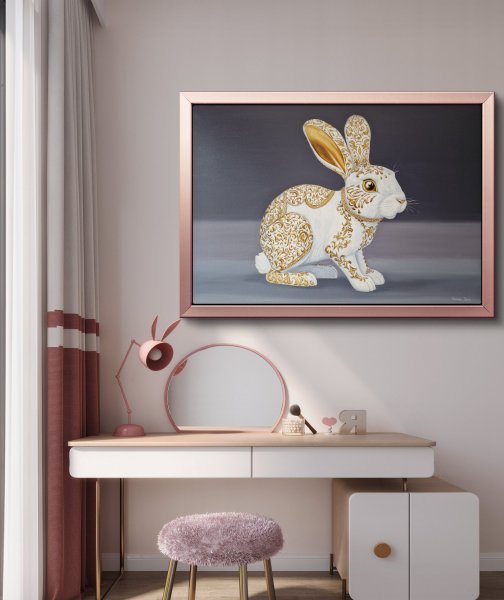Golden Rabbit oil on canvas Painting by Victoria Shul