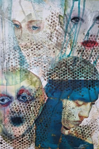 Painting "Watercolor, collage Face" by painter Marina Bura watercolor paper at Jose Art Gallery