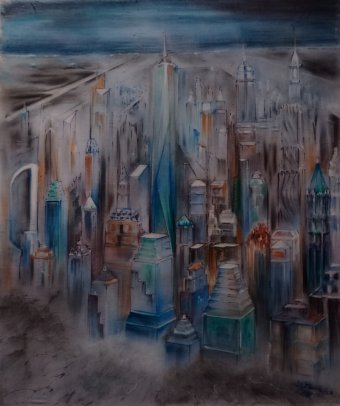 Painting "Blue Solitary Moonlight" by painter Davide Rodoquino ink canvas at Jose Art Gallery