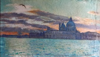 Painting "Punta Dogana: Sunset Magic" by painter Davide Rodoquino acrylic canvas at Jose Art Gallery
