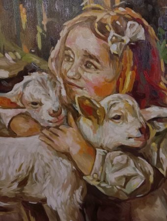 Живопись "Девушка с ягнятами", живописец Катерина Романюк масло граттажная доска в Jose Art Gallery