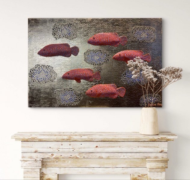 Additional view 3: Symbolism Marine Art Painting Red fish by painter Larisa Ruy acrylic canvas 