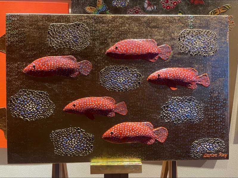 Additional view 4: Symbolism Marine Art Painting Red fish by painter Larisa Ruy acrylic canvas 