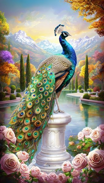 Arte digital "PAVO REAL EN UN JARDÍN DE FLORES", artista digital Viktoriya Denisenko en Jose Art Gallery