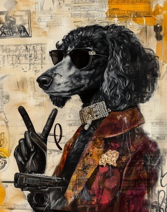 Schwarzer Pudel mit Brille und Pistole