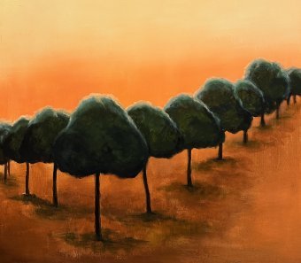 Pintura "Pinos en el resplandor del amanecer", pintor Iryna Bondar acrílico lienzo en Jose Art Gallery