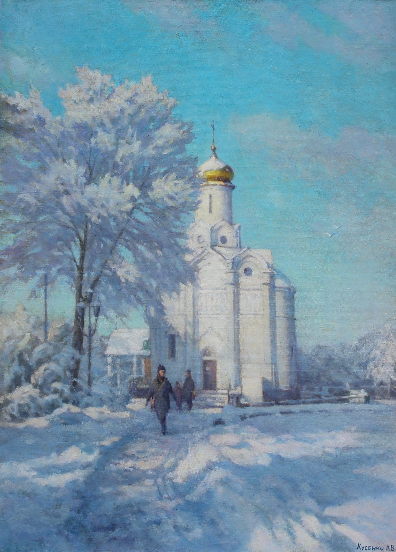 Winter day. Monastery island Painting by Alexander Kusenko