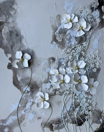 Painting "White Anemones: Nature's Elegance" by painter Olga Markova mixed method plaster at Jose Art Gallery