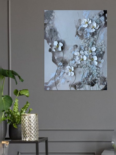 Additional view 1: Contemporary Art Landscape Painting White Anemones: Nature's Elegance by painter Olga Markova mixed method plaster 