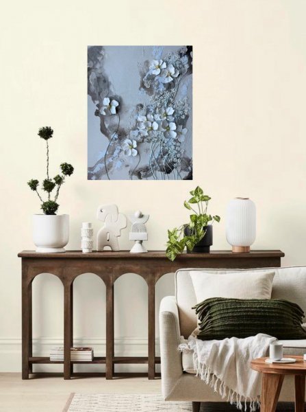 Additional view 3: Contemporary Art Landscape Painting White Anemones: Nature's Elegance by painter Olga Markova mixed method plaster 